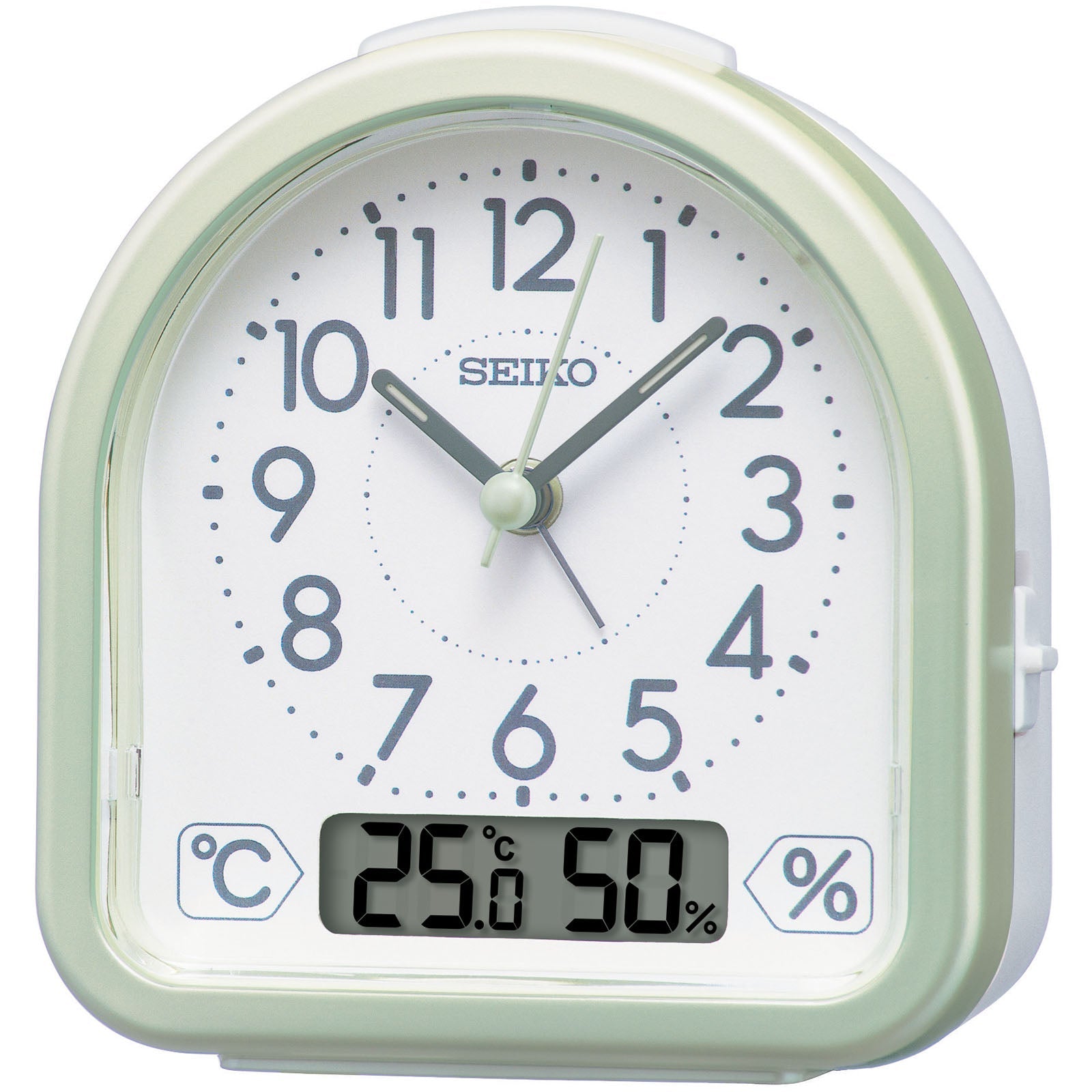 Seiko Evie Analog & Digital Temp Hygro Alarm Clock Pearl Green – Oh Clocks
