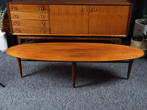 Mid Century Vintage Walnut Mersman Surfboard Coffee Table Erfmann Vintage