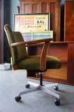 Vintage Retro Green Velvet Swivel Desk Chair on Casters with Wooden Arms - erfmann-vintage