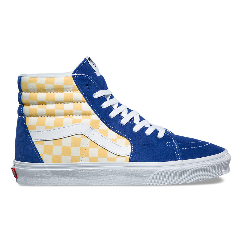 blue and yellow checkerboard vans