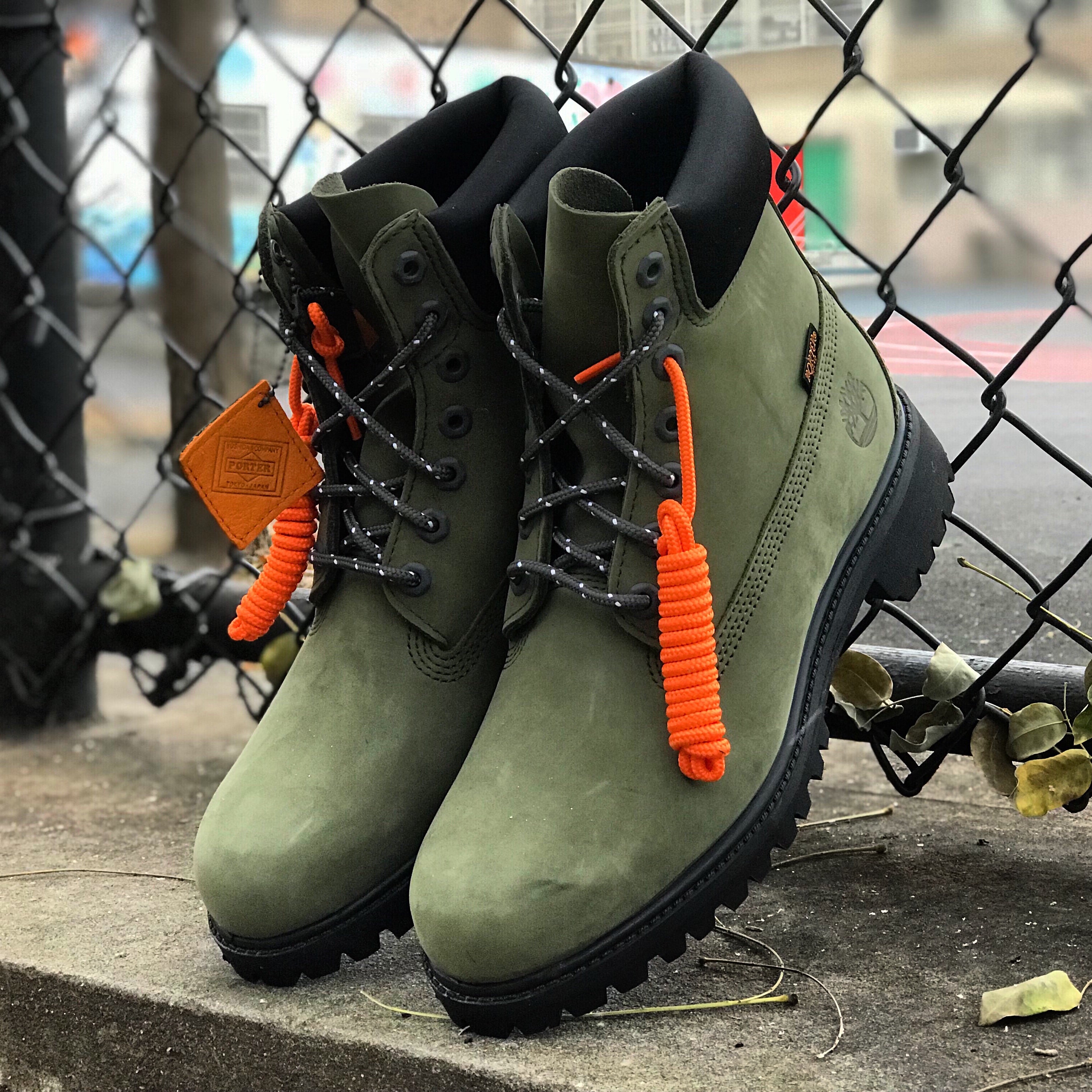 green orange timberland boots