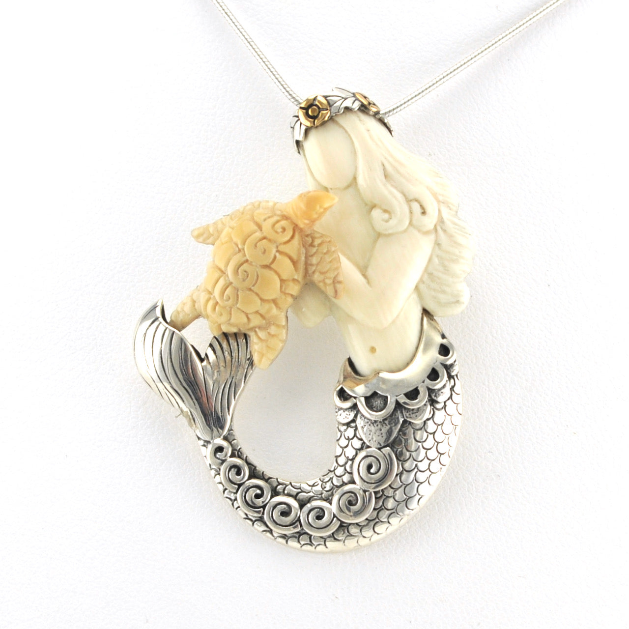 Sterling Silver Fossil Ivory Mermaid and Sea Turtle Pendant or Pin