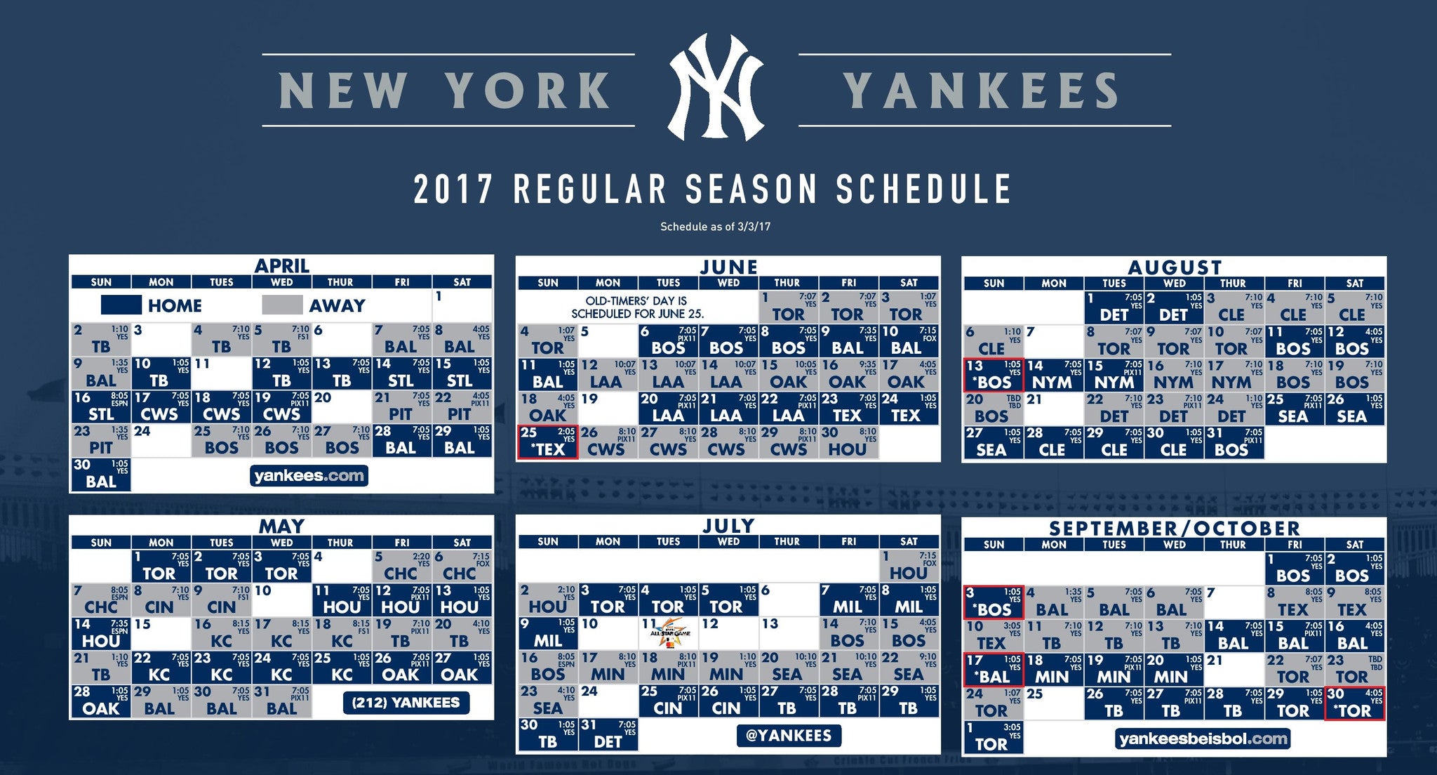 calendrier de la saison des Yankees de New York