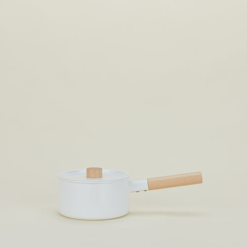 Enamel Milk Pan in White with Wooden Handle