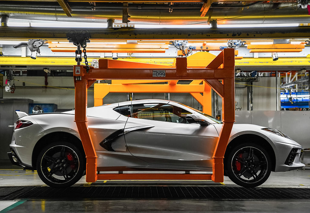 A Blade Silver C8 Corvette on the Bowling Green Corvette Assembly line