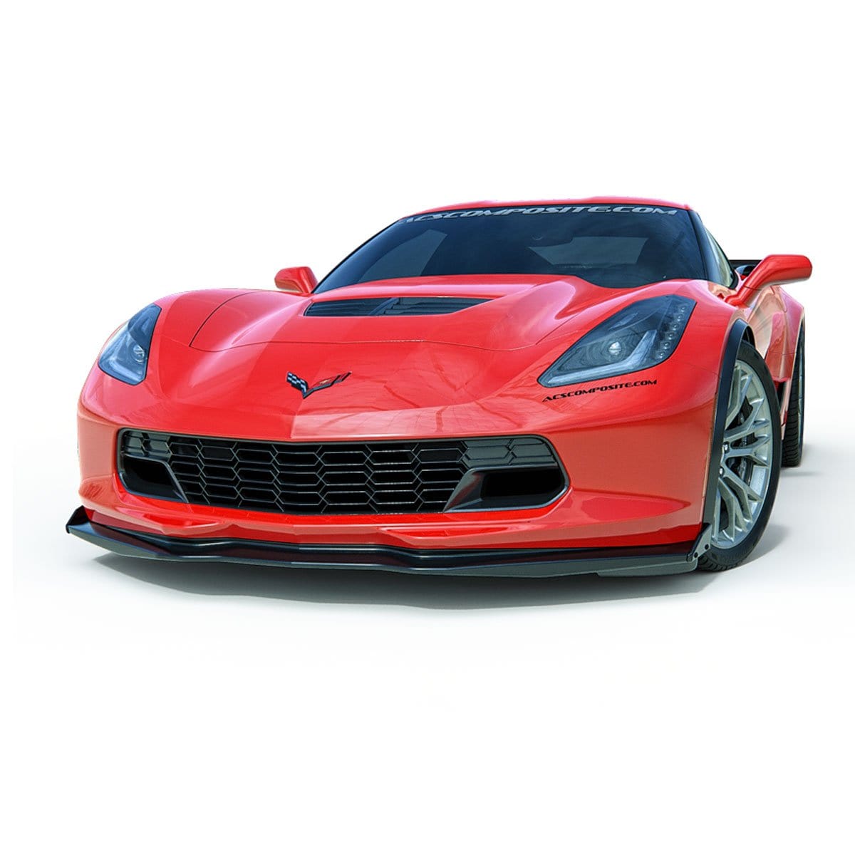 Una representación del ACS C7 Corvette Z06 Splitter en un Corvette C7 rojo antorcha