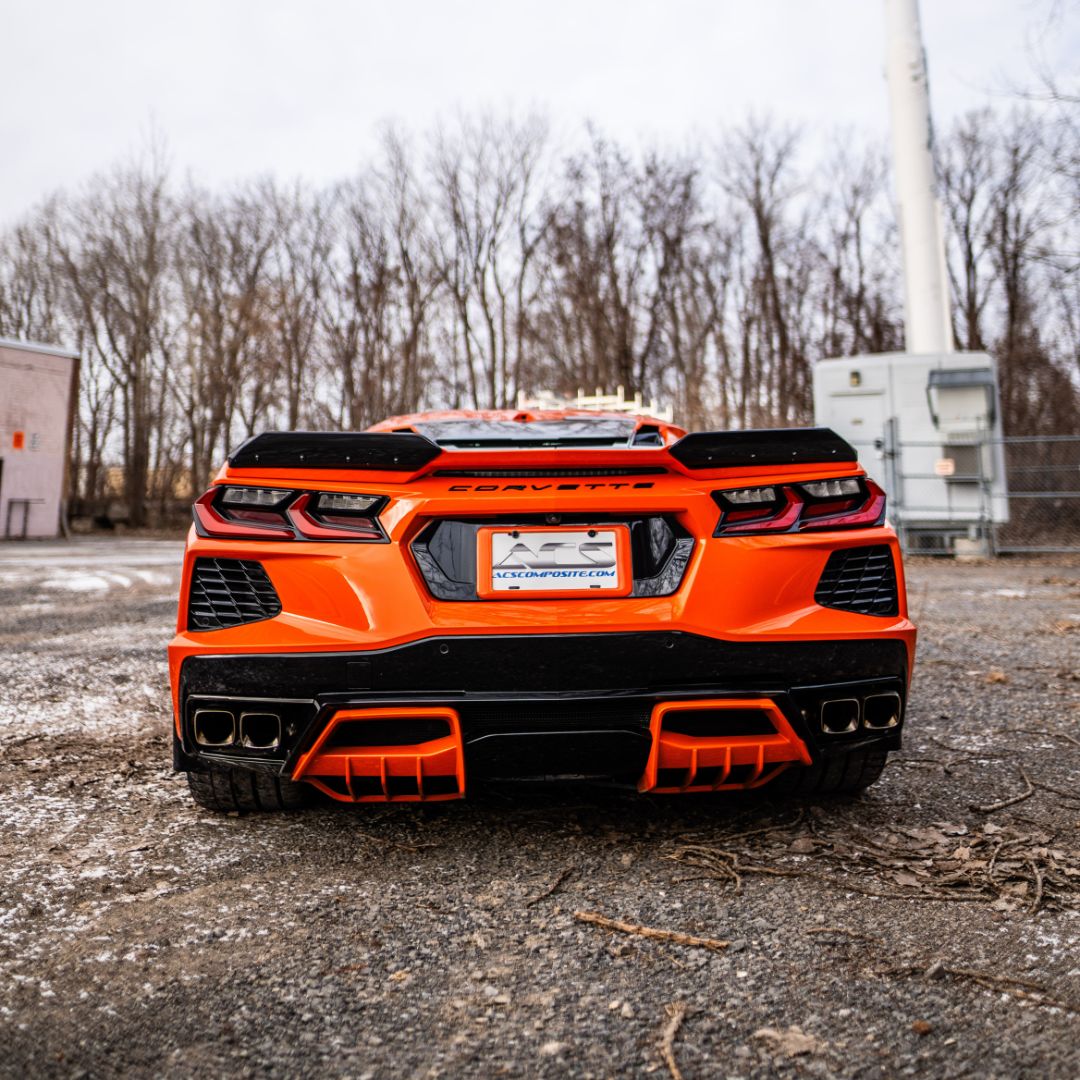 rear view of the C8 Corvette Stingray in Sebring Orange