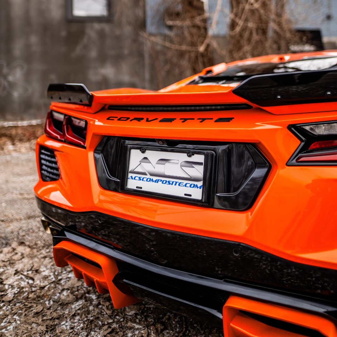 rear view of the C8 Corvette Stingray in Sebring Orange