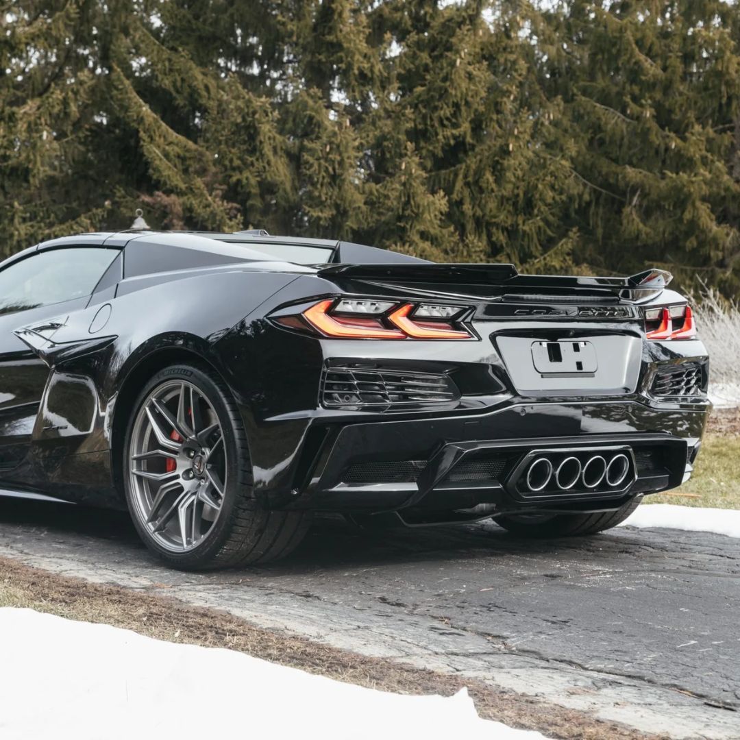 3/4 rear view of a Black C8 Corvette Z06 HTC