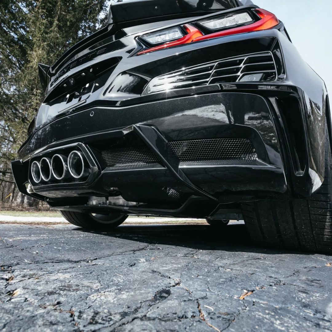 Lower 3/4 view of a Black C8 Corvette Z06