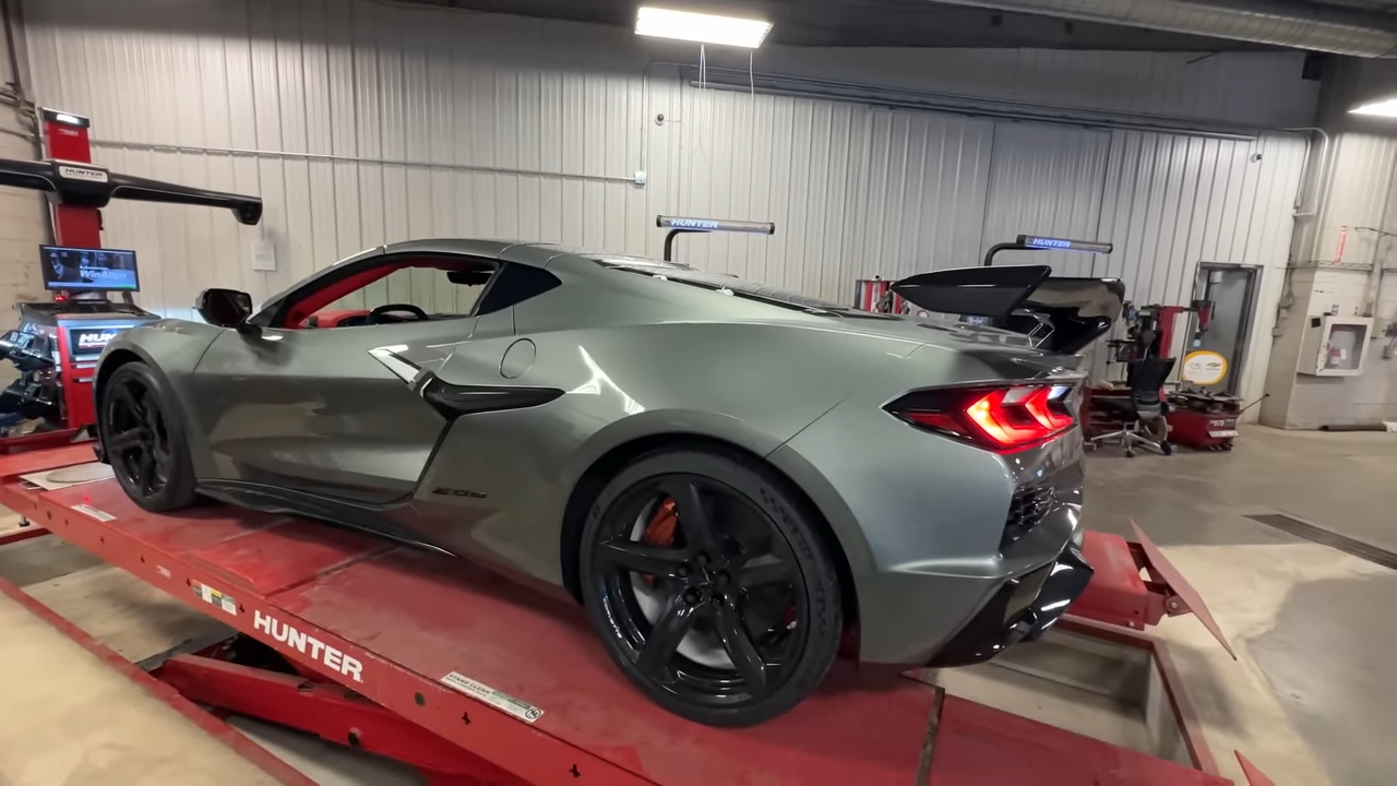 A Corvette Z06 on a lift during its PDI