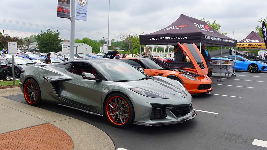C8 Corvette Z06 with in Hypersonic Gray with orange trim wheels