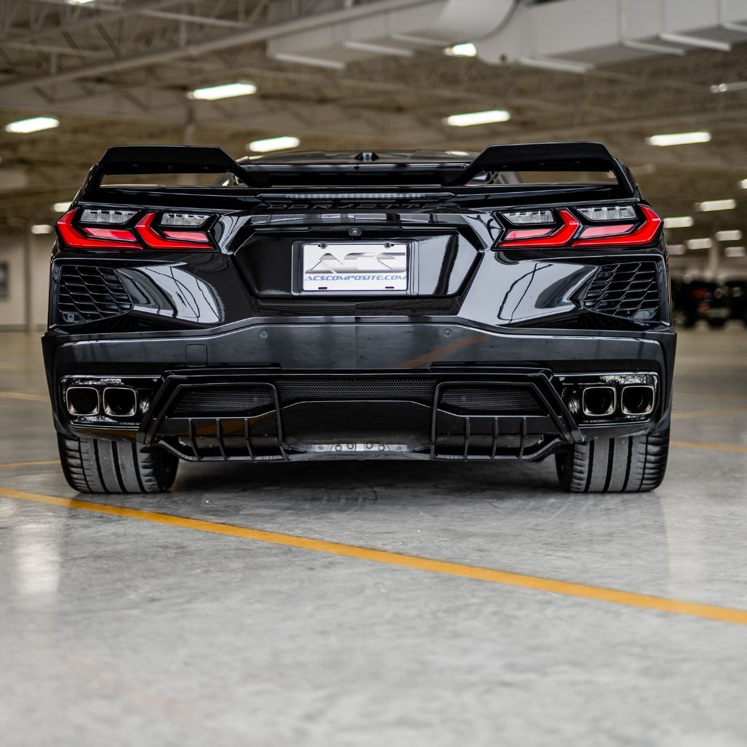 Rear view of the ACS C8 Stingray diffuser on a black C8 Corvette Stingray Z51