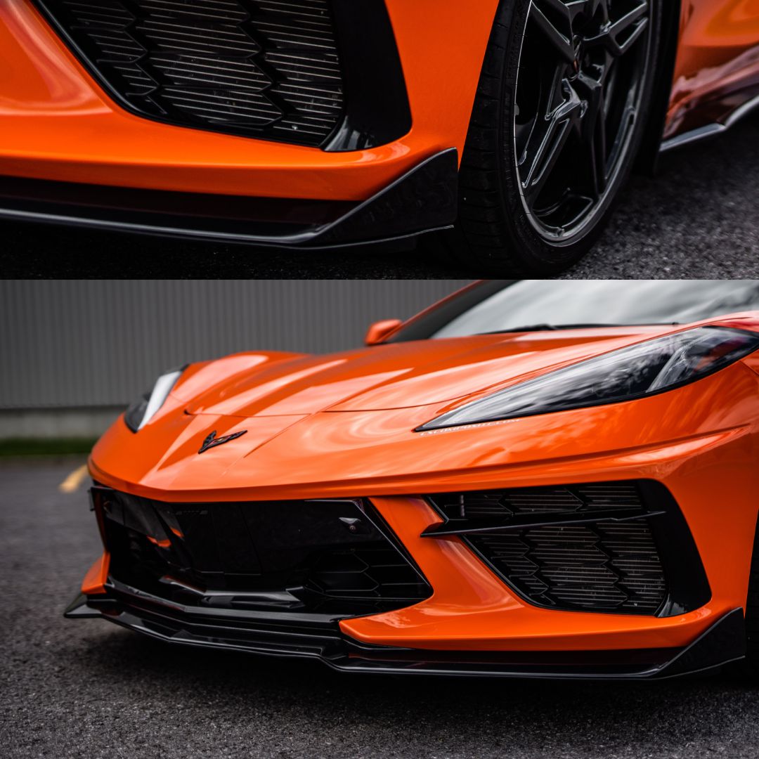 Bandeja inferior ACS C8 instalada en un Corvette Stingray C8 naranja Sebring