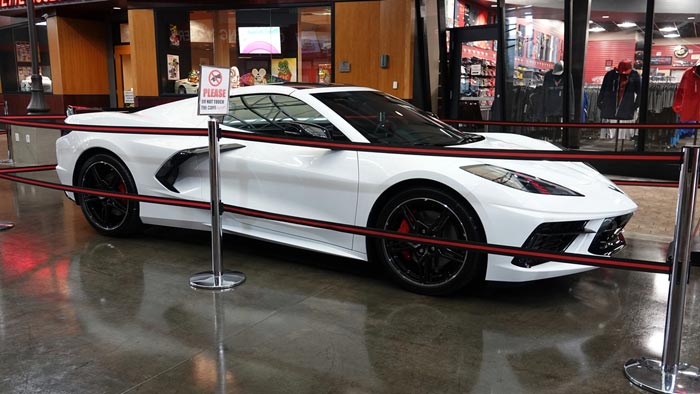 An Arctic White C8 Corvette awaiting pickup at the National Corvette Museum R8C Museum Delivery