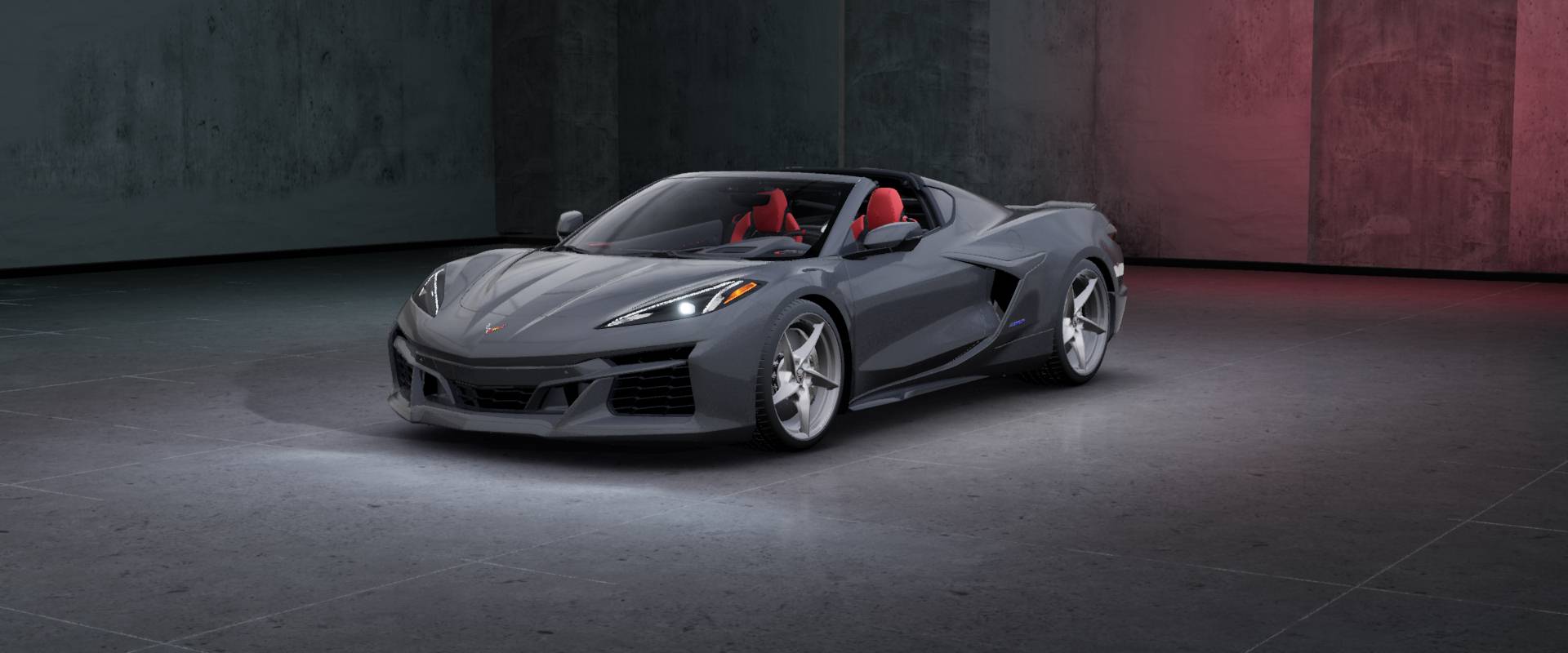 A render of the a C8 Corvette E-ray in Sea Wolf Gray Tri-Coat