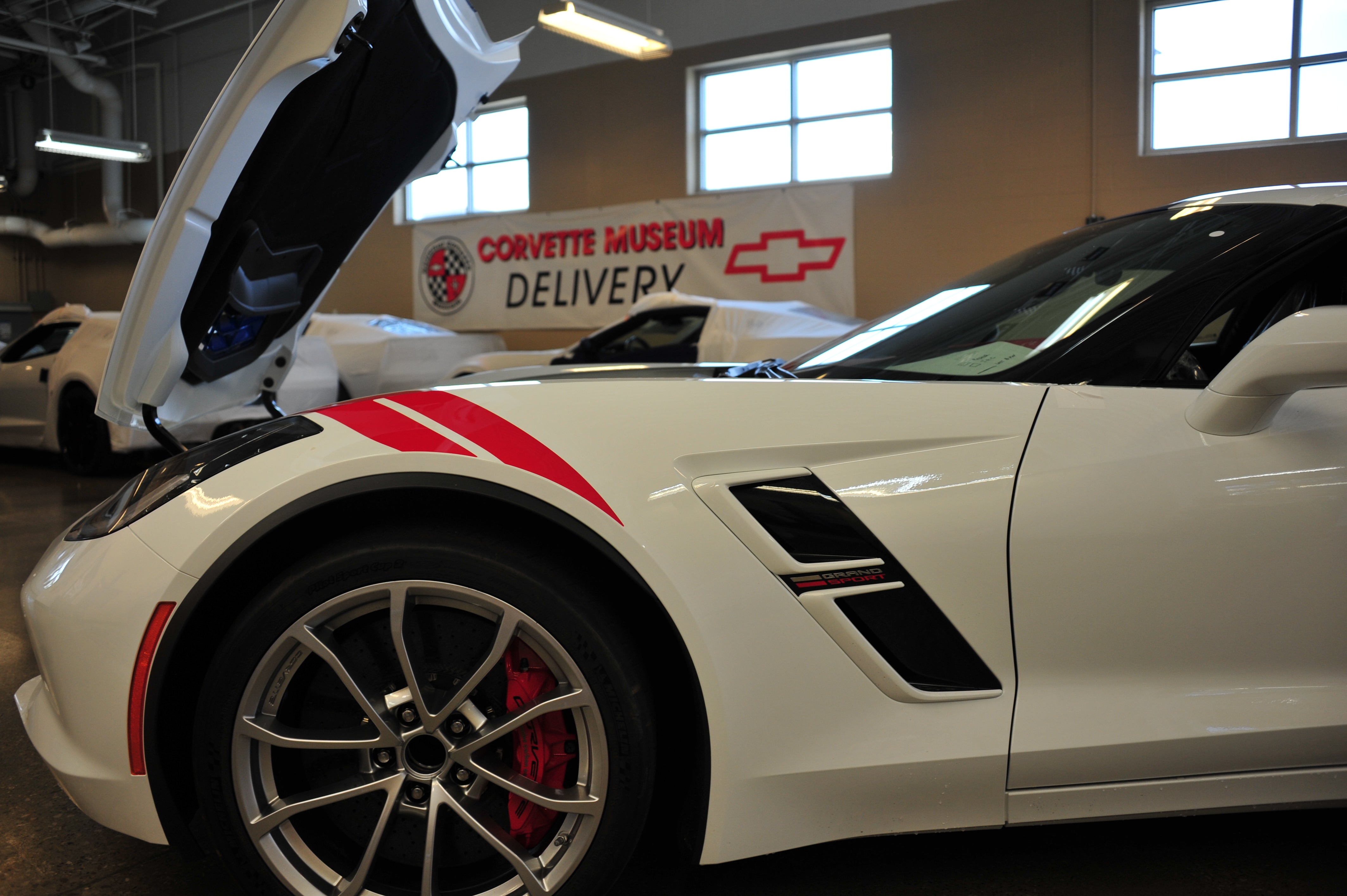 A C7 white with red hash mark Corvette inside the national corvette museum