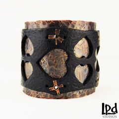 Copper and Black Leather Wide Wrist Cuff with Heart Motif