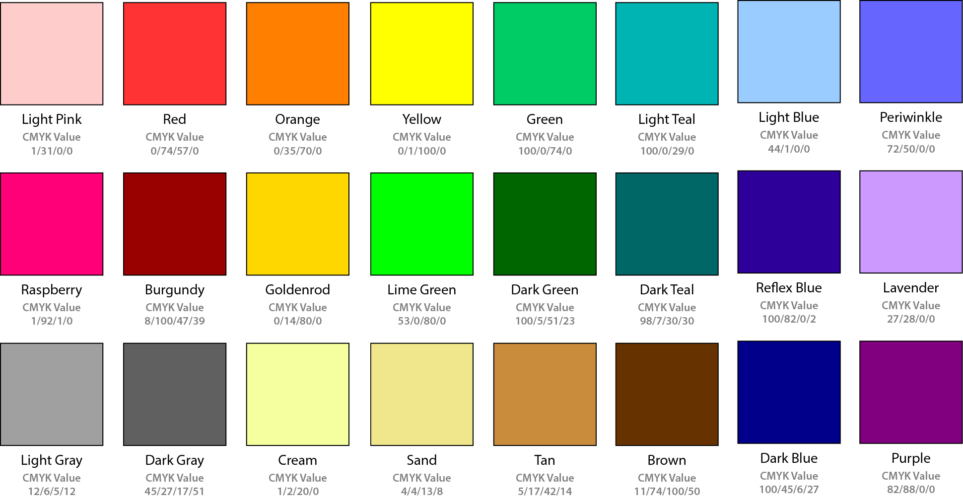 Fluorescent Color Chart