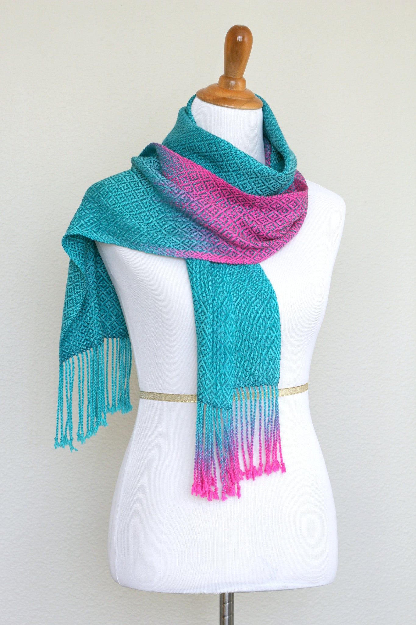 Woven scarf in blue and neon pink with woven pattern and twisted fring ...