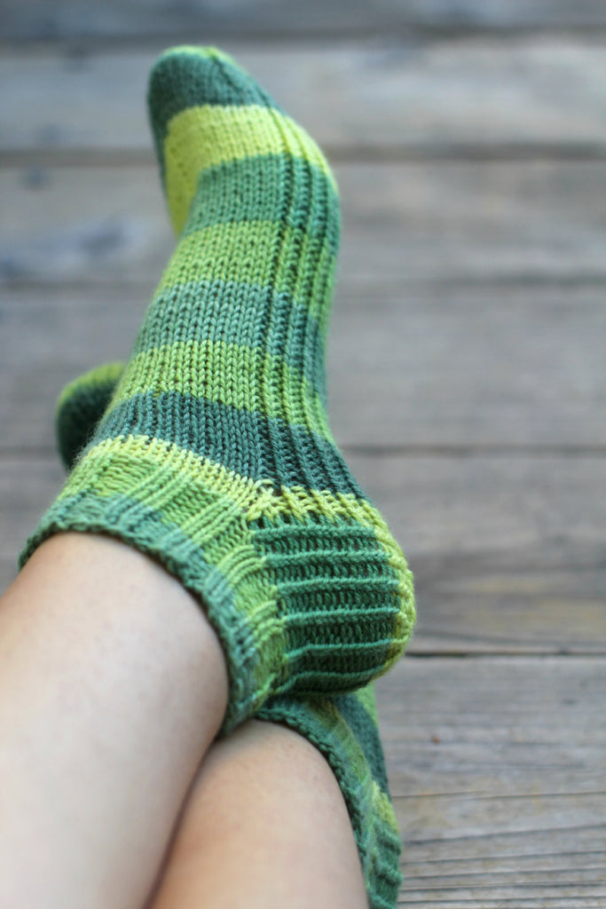 Knit green ankle socks in green striped wool for women KGThreads