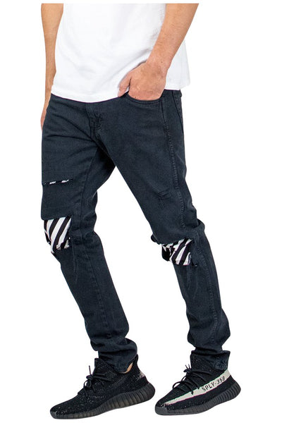 PREORDER Black Stripe Patched Jeans – ENSLAVED