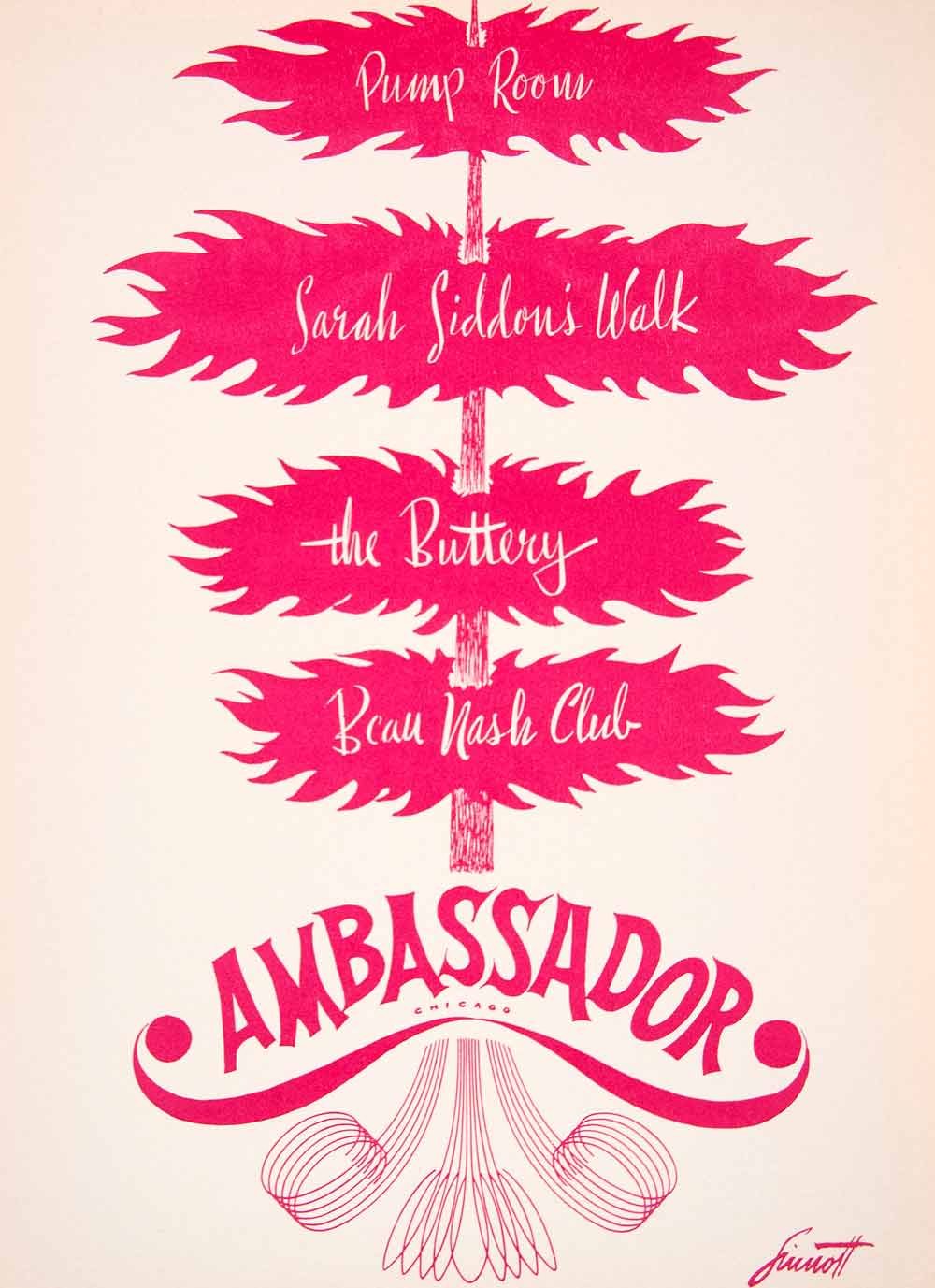 1953 Lithograph Ambassador Hotel Chicago Beau Nash Club Sarah Siddon Pump Aefa1