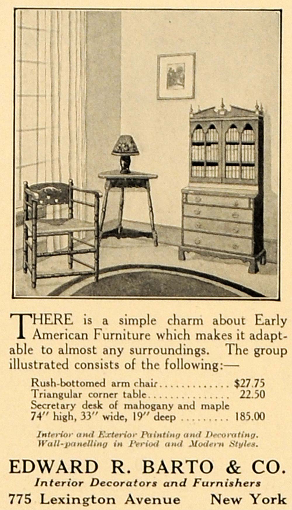 1923 Ad Edward R Barto Company Early American Furniture Original