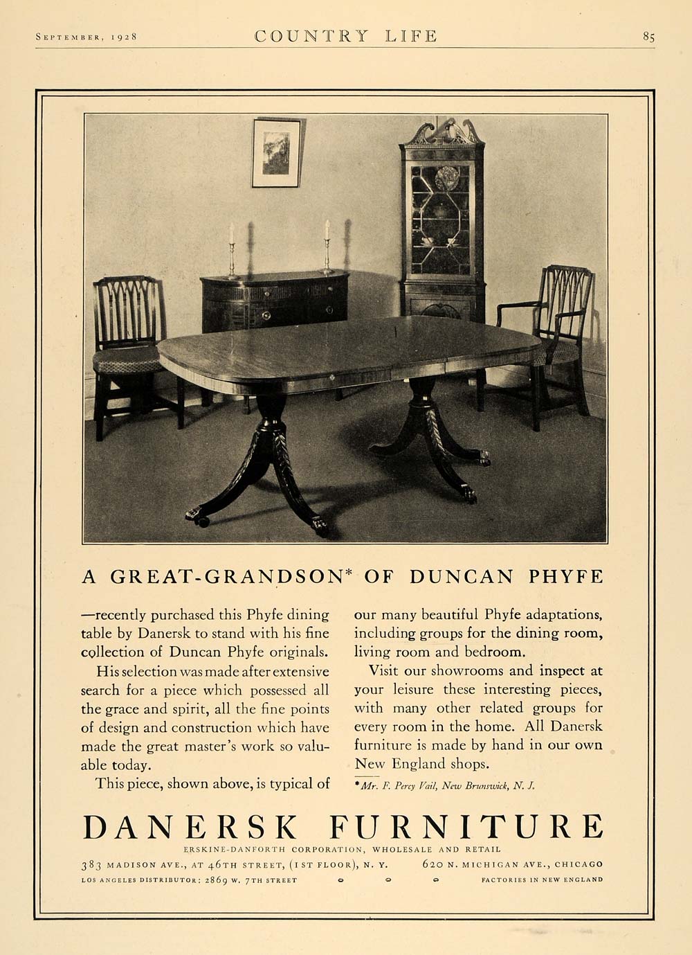 1928 Ad Danersk Furniture Percy Vail Duncan Phyfe Table Original