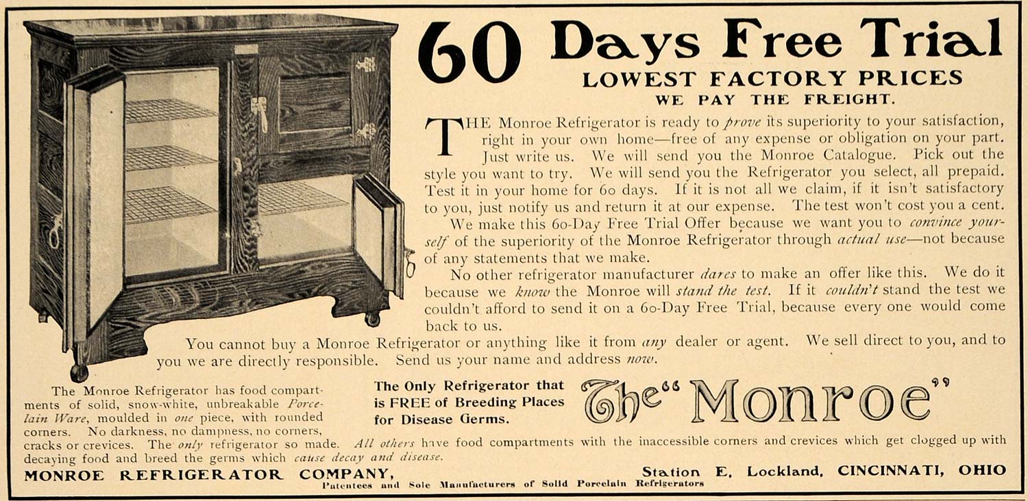 1907 Ad Monroe Refrigerator Cabinet Free Trial Ohio Original