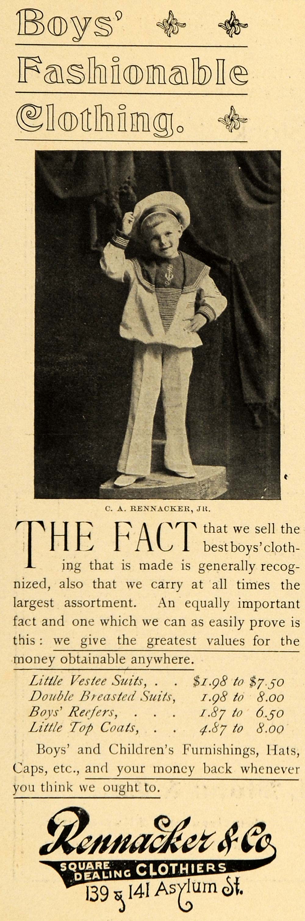 1899 Ad Rennacker Boys Clothing Sailor Outfit Fashion Suit Coat Reefer ...