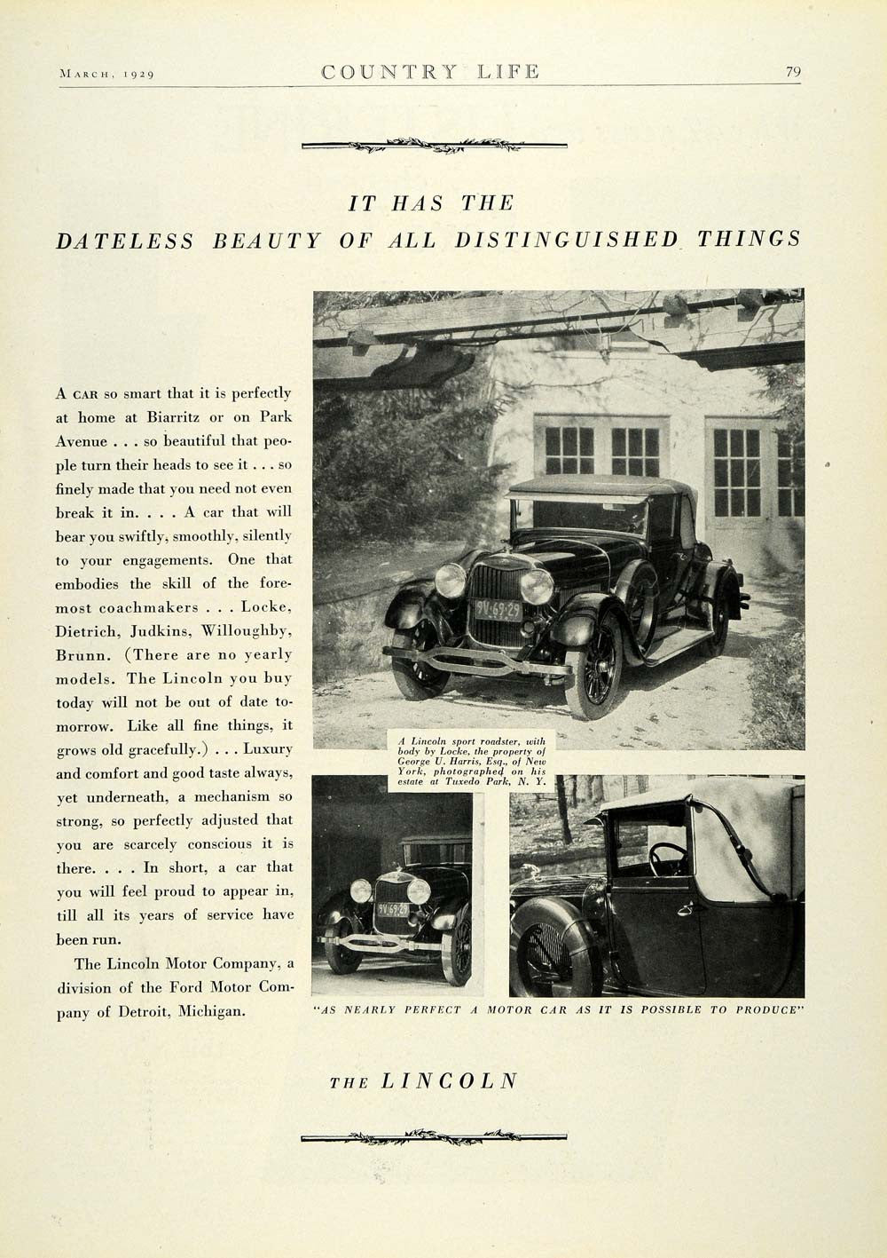 1929 Ad Antique Lincoln Sport Roadster Locke Car Body George U ...