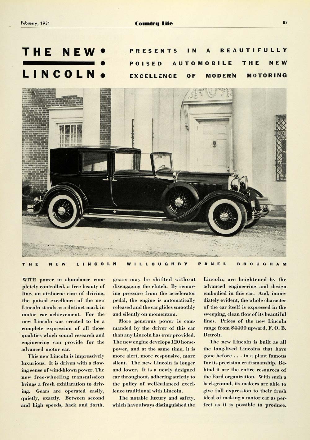 1931 Ad Lincoln Willoughby Panel Brougham Clutch Motor Car ...