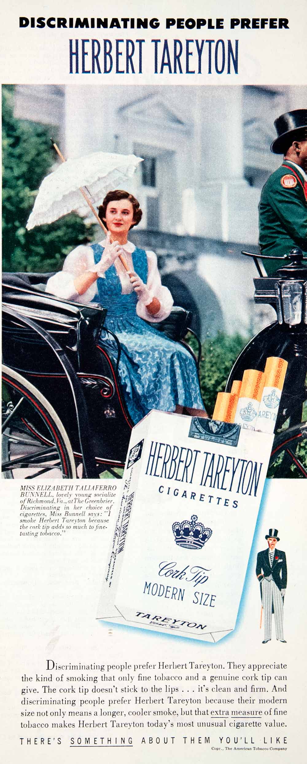 1951 Ad Herbert Tareyton Cigarettes Elizabeth Taliaferro Bunnell Socia ...