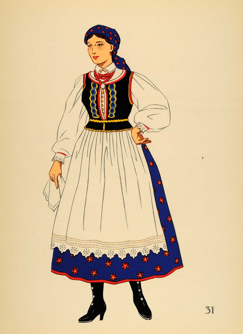 1939 Polish Folk Costume Woman Krakow Poland Lithograph Original