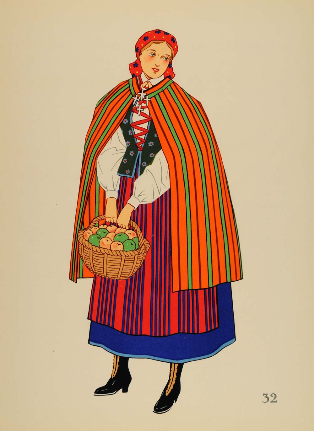 1939 Polish Folk Costume Woman Opoczno Poland Litho Original