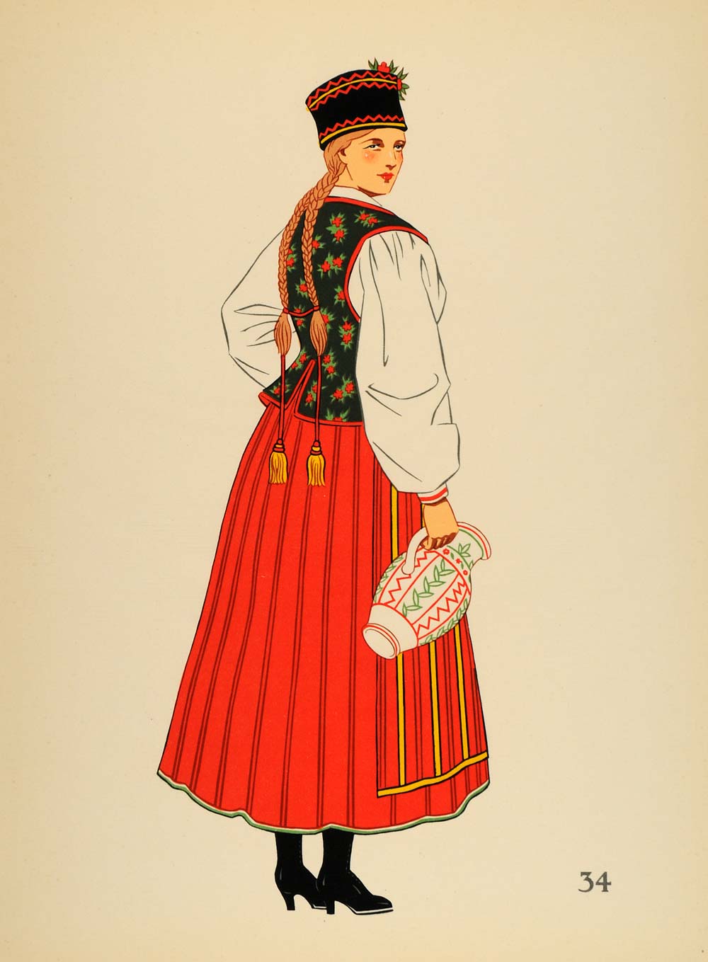 1939 Polish Folk Costume Woman Kurpie Poland Lithograph Original