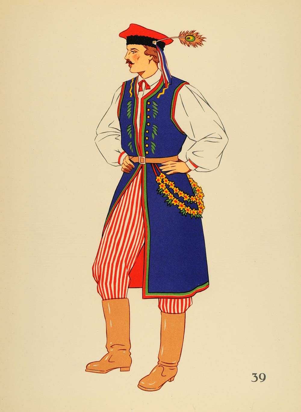 1939 Polish Folk Costume Man Krakow Poland Lithograph Original
