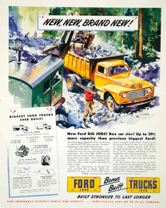 1948 Ad Ford Trucks Yellow Working Dump Rubble Automobile Car Man Site Job FTM3