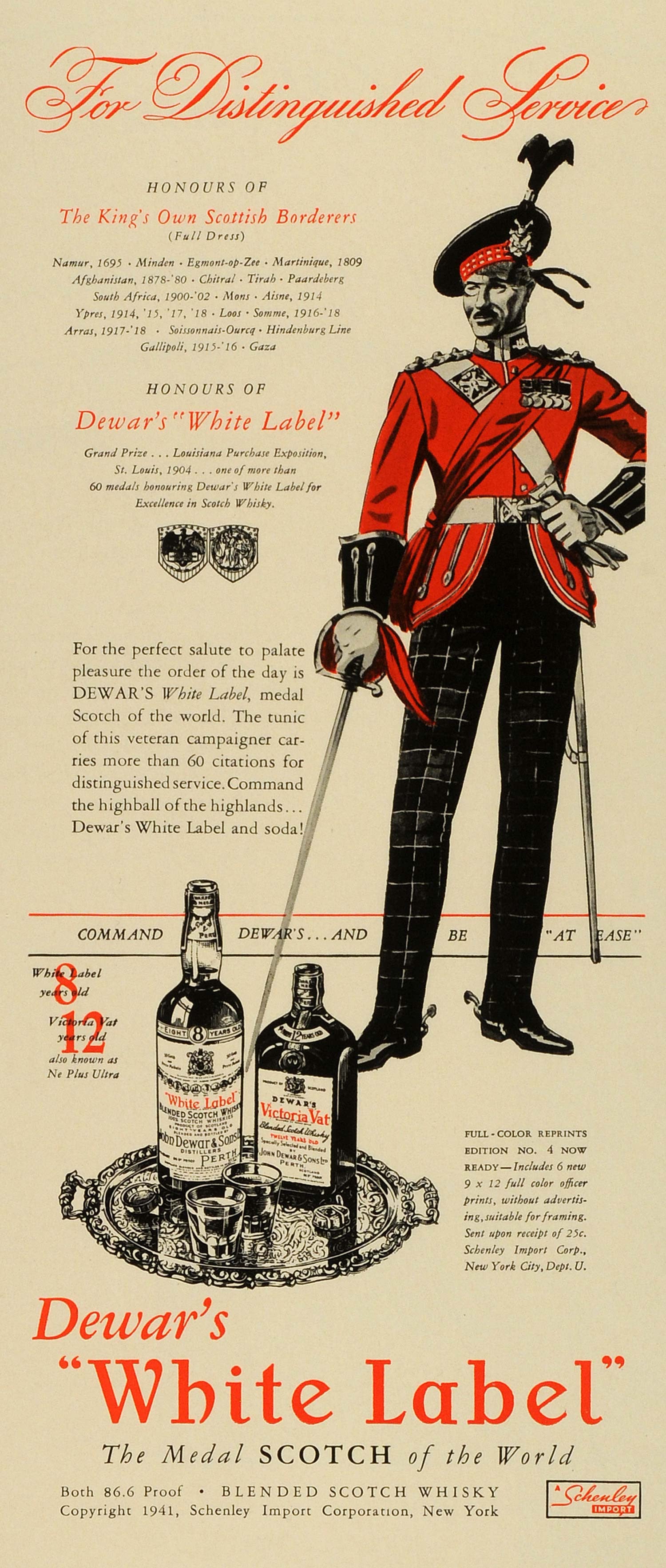 1941 Ad Schenley Import NY Dewar White Label Whisky Victoria Vat Alcoh ...