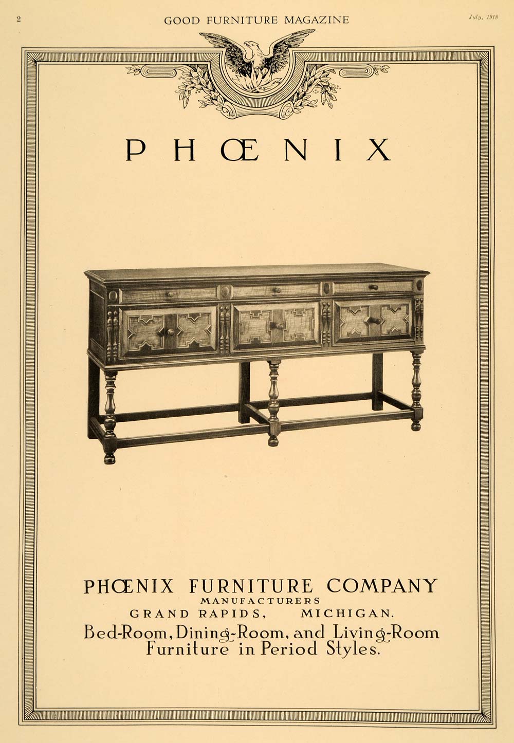 1918 Ad Phoenix Furniture Company Sideboard Buffet Deco Original