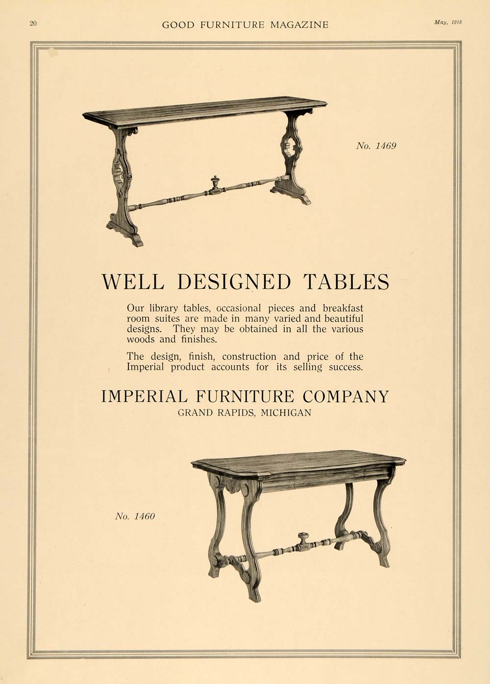 1918 Ad Imperial Furniture Wood Library Table Michigan Original