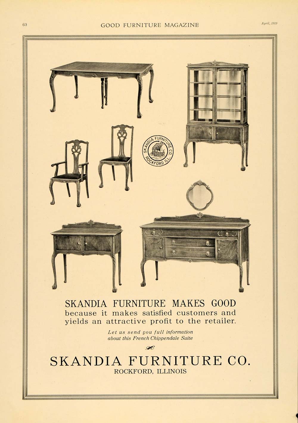 1919 Ad Skandia Furniture Wood Dining Room Set Rockford Original