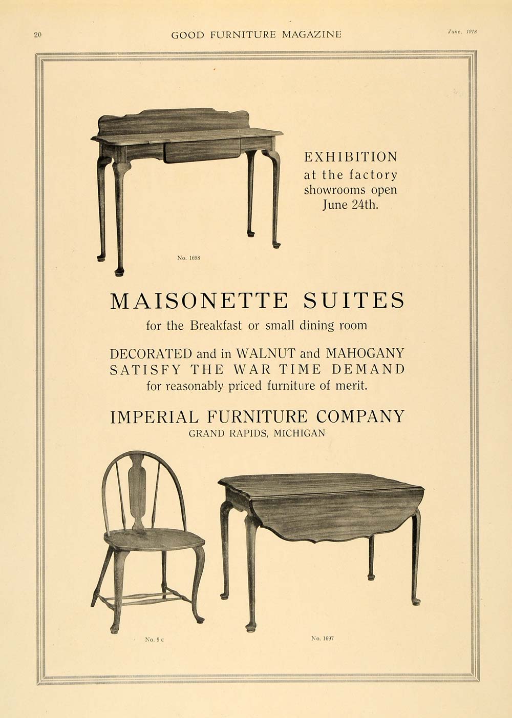 1918 Ad Maisonette Suites Imperial Furniture Company Original