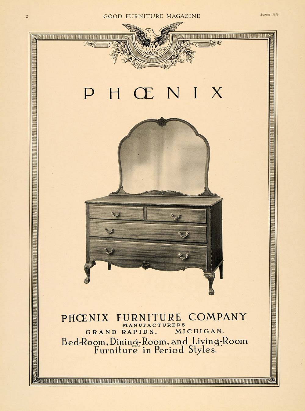 1919 Ad Phoenix Furniture Mirror Dresser Period Styles Original