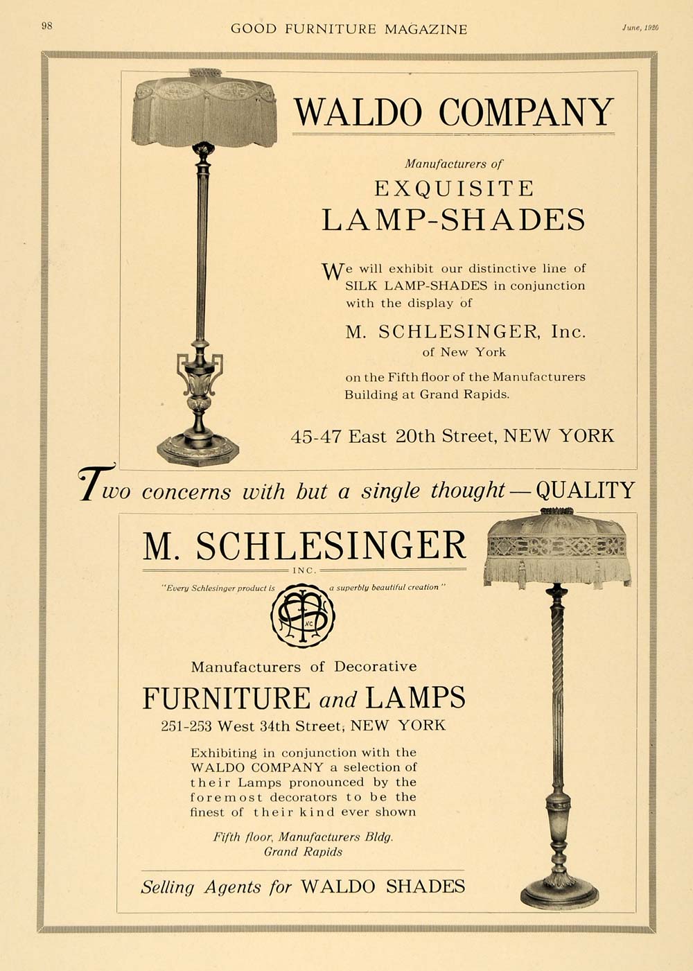 1920 Ad Waldo Furniture Lamps Interior Design Decor Original Advertising Gf1