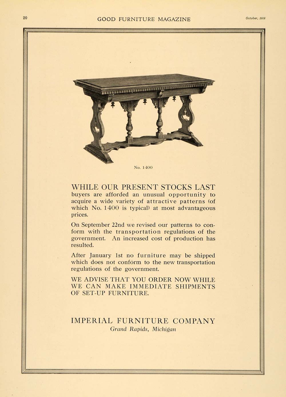 1918 Ad Imperial Furniture Wooden Table Grand Rapids Original