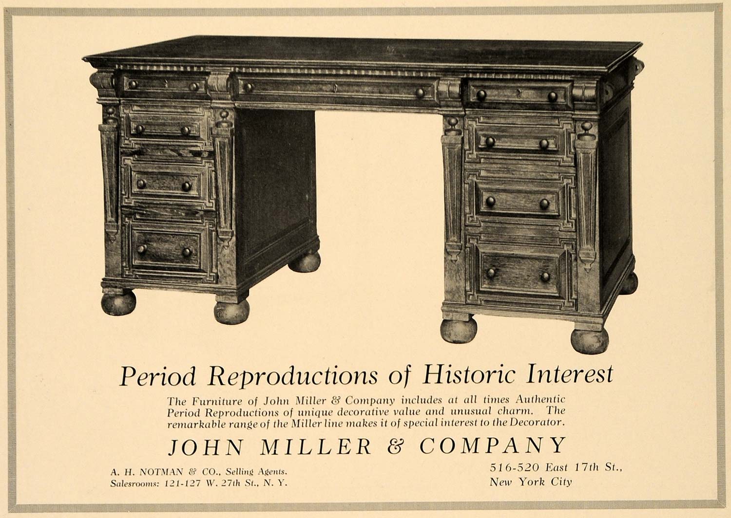 1918 Ad John Miller Period Reproduction Furniture Desk Original