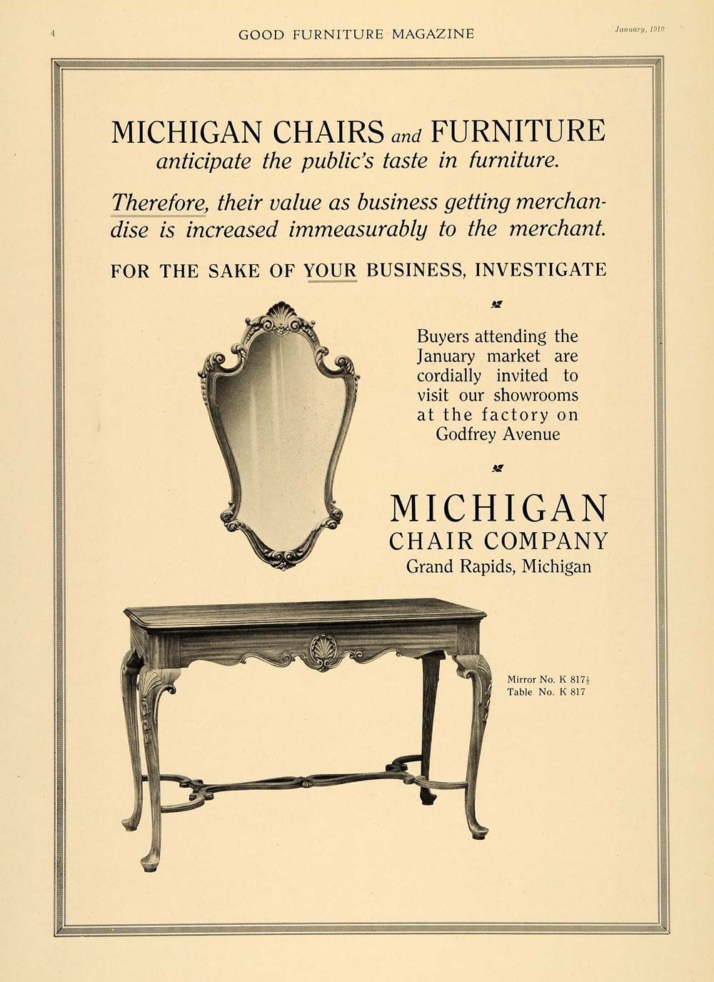 1919 Ad Michigan Chair Company No K817 Table Mirror Original