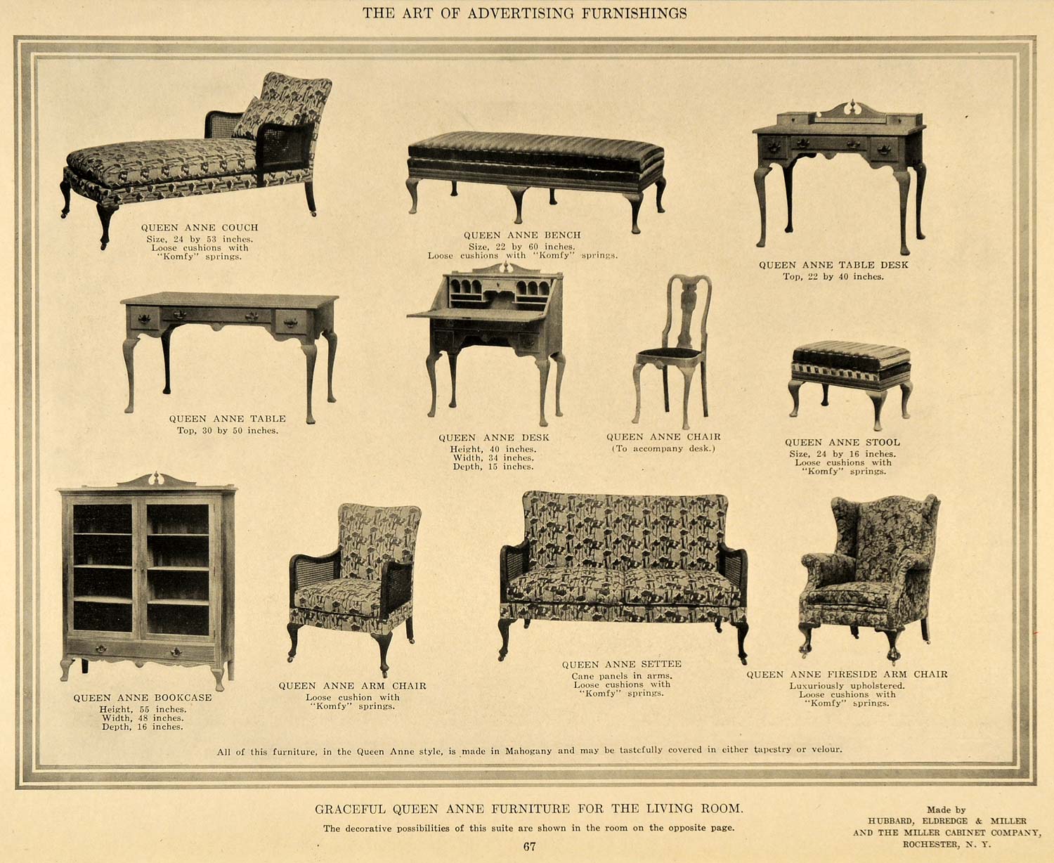 1916 Print Queen Anne Couch Hubbard Eldredge Miller Original